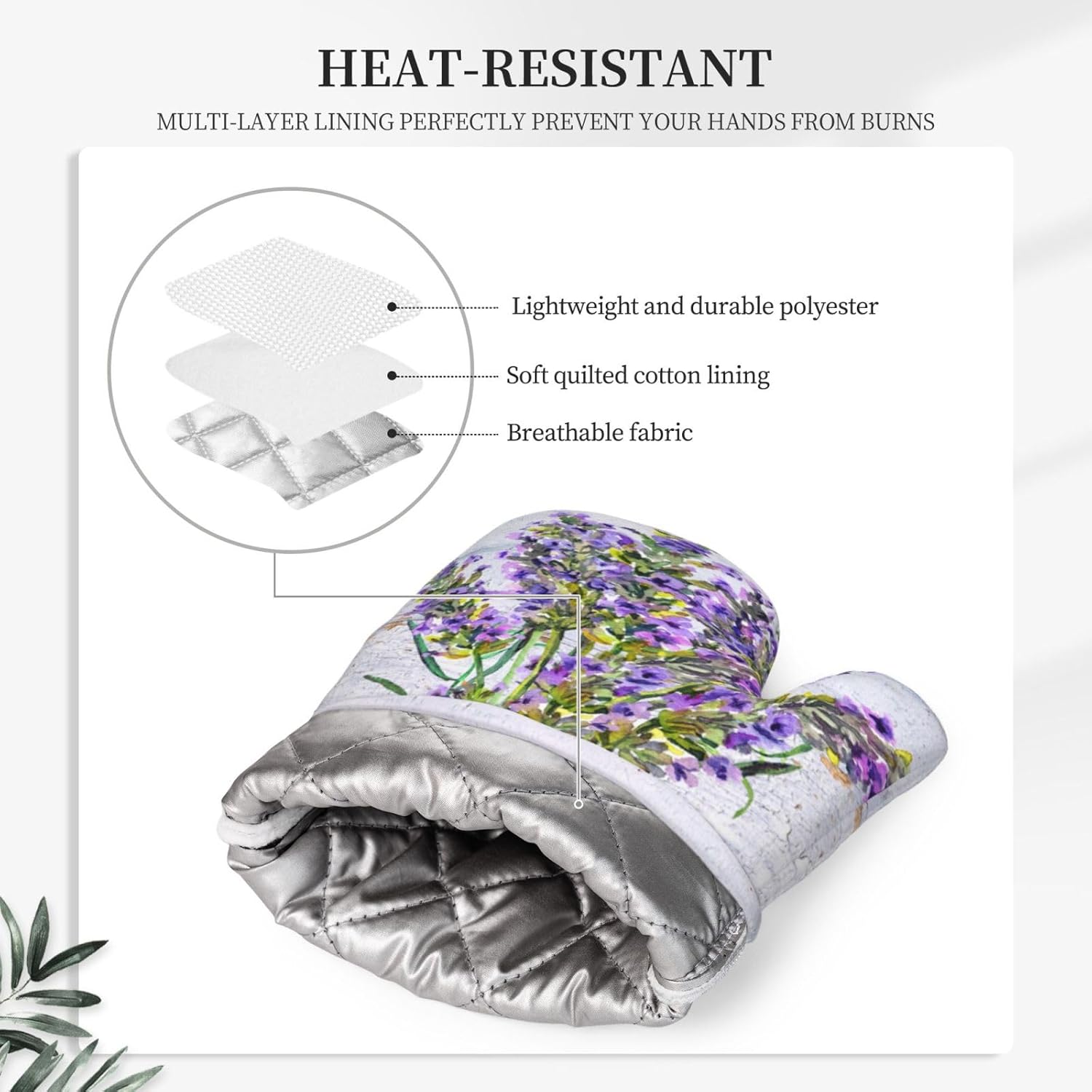 Wood Spring Lavender Oven Mitts Pot Holders Set Silicone Lavenders Kitchen Oven Mitts Heat Resistant Potholders Non-Slip 4pcs Hot Pads and Lilac Flower Oven Gloves Sets for Baking