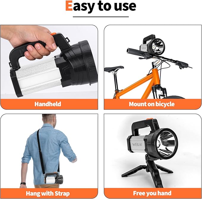 Superbright Handheld LED Spotlight Flashlight Powerful Searchlight USB Rechargeable Lantern Waterproof Tactical Torch Portable 6 Light Modes Side Floodlight (White Light)