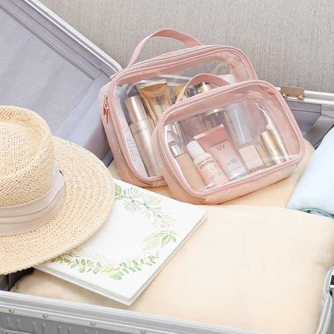 PACKISM Floral Texture Lace TSA Approved Toiletry Bag - 180° Large Opening Clear Makeup Bags in 2 Size, Clear Bags for Travel with Handle, 0.5 mm Thick Non-deformable No Smell, Pink