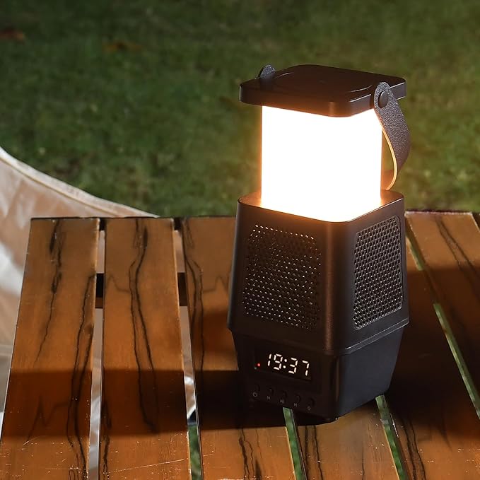 3 in 1 Cordless Camping Lamp,3CCT 7 Dimmable Rechargable Small Lantern with Wireless Bluetooth Speaker,Battery Operated Portable Alarm Clock Lamp