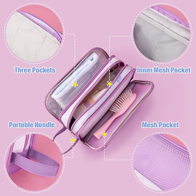 WAWSAM Mermaid Toiletry Bag - Kids Toiletry Bag for Girls Christmas Birthday Gift Camping Travel Toiletry Case Toiletries Makeup Cosmetic Pouch Pink Water-resistant Wash Bag Dopp Kit with Mesh Pocket