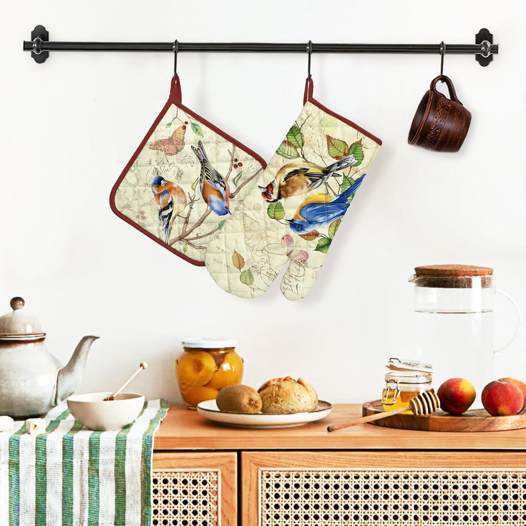 Vintage Bird Oven Mitts and Pot Holders Sets 2Pcs, 100% Cotton Heat Resistant, Extra Long Oven Gloves Potholder for Kitchen Cooking Baking Decoration