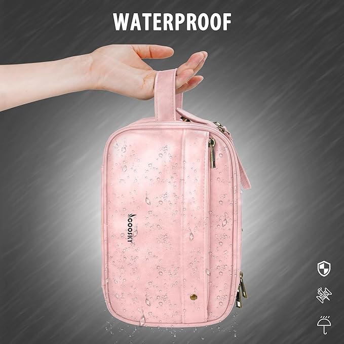 Travel Toiletry Bag for Women, Large Hanging Toiletries Organizer Bags for Man, Cruise Ship Essentials, Water-resistant Shaving Case, PU Leather Makeup Accessories, Cosmetic Dopp Kit, Pink