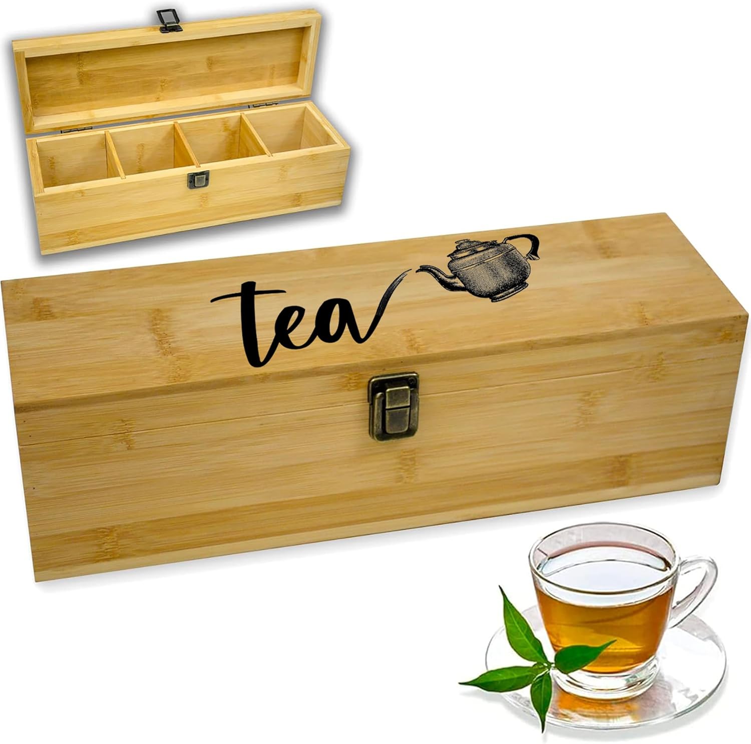 Tea Organizer Box Food Safe Bamboo Wood Chemical Free Big, Tall, Adjustable Cubbies Natural Storage Chest (4-Slot Across 14.3" x 4.4" x 4.2" with Tea Cup design)