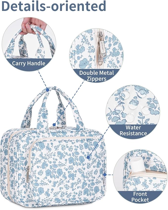 Narwey Hanging Floral Toiletry Bag for Women Travel Makeup Bag Organizer Toiletries Bag for Travel Size Essentials Accessories Cosmetics (Little Blue Flower (Medium))