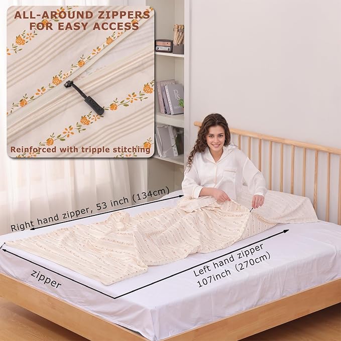 100% Cotton Sleeping Bag Liner with Full Length Zipper on 3 Sides; Single/Double Adult Sleep Sack for Travel & Camping, Multifunctional Travel Sheets (Unzipped 87”x87”) for Hotel, Lightweight