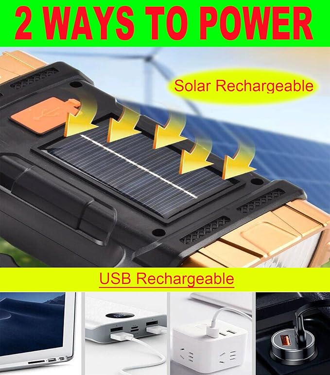 Solar Rechargeable LED Soptlight Flashlight, Super Bright 7000LM Handheld LED Searchlight, Multifunctional Camping Lantern Light, 8 Light Modes, Waterproof IPX4, Power Bank, for Emergency, Home