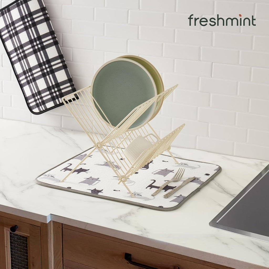 FRESHMINT Printed Dish Drying Mat Set for Kitchen Counter Absorbent Reversible Drying Mats Microfiber Kitchen Countertop Protector Dishes Pad 2 Pack Large Dish Drainer Rack Mat, 18" x 16"