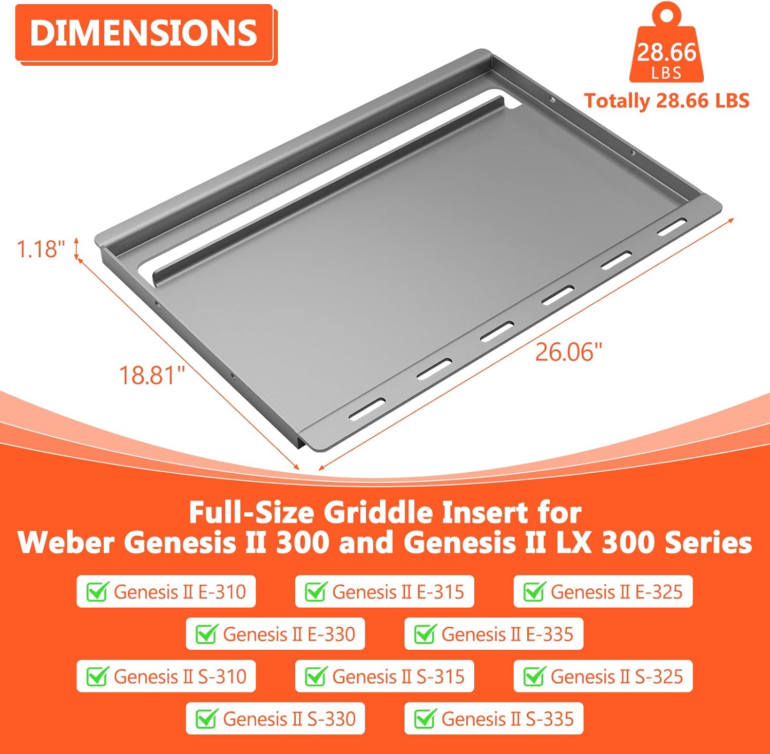 6788 Full Size Griddle for Genesis II Grill Parts - 66095 Grill Grates for Weber Genesis II 300 Series II E/S-310 II E/S-315 II E/S-335 II SE-335 Grills, Weber Full Size Griddle Insert Replace Parts