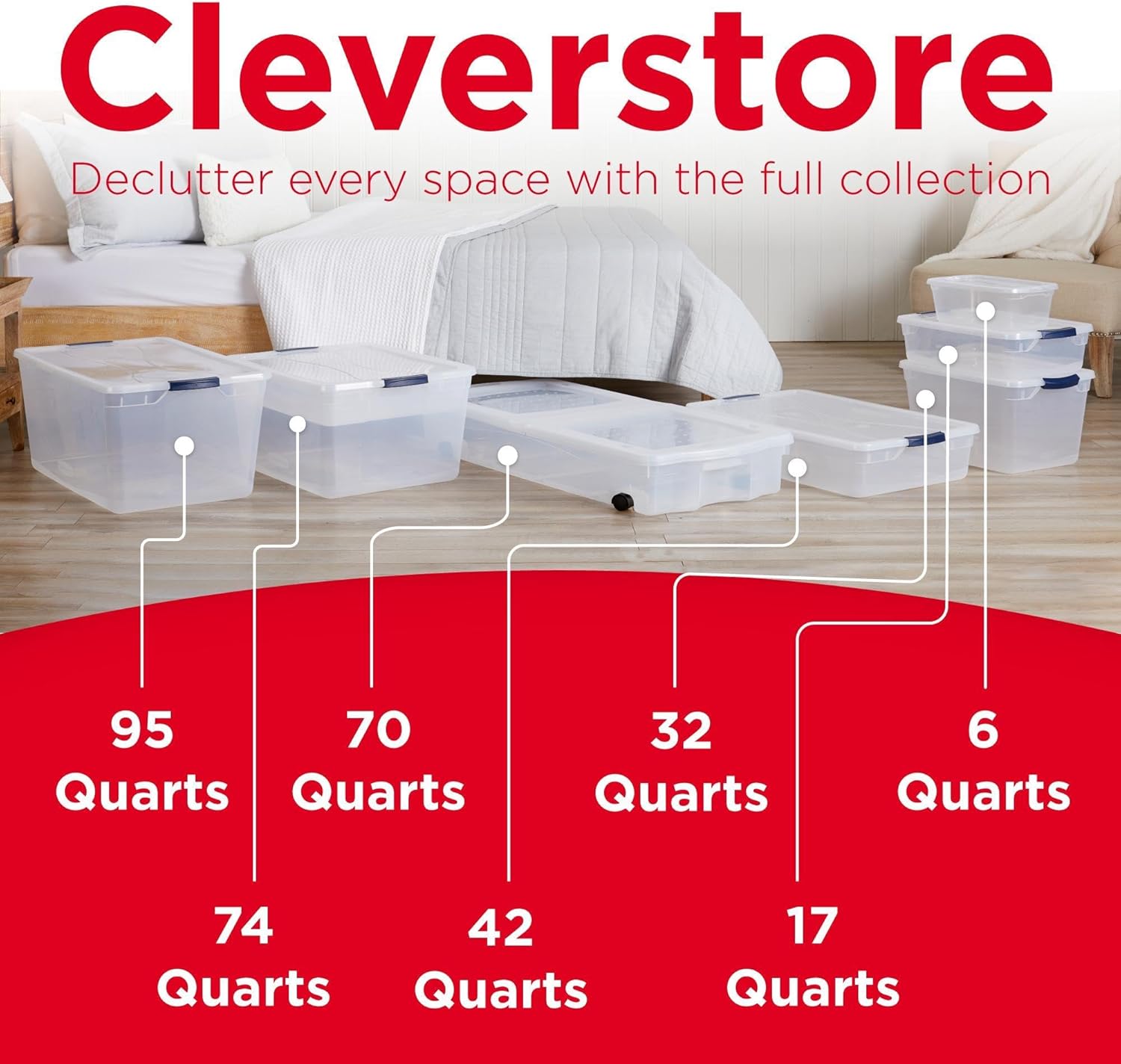 Rubbermaid Cleverstore Clear 32 Qt, 6 Pack Stackable Plastic Storage Containers with Durable Latching Clear Lids, Visible Storage, Great for Closet and Laundry Storage, Organizing in the Home