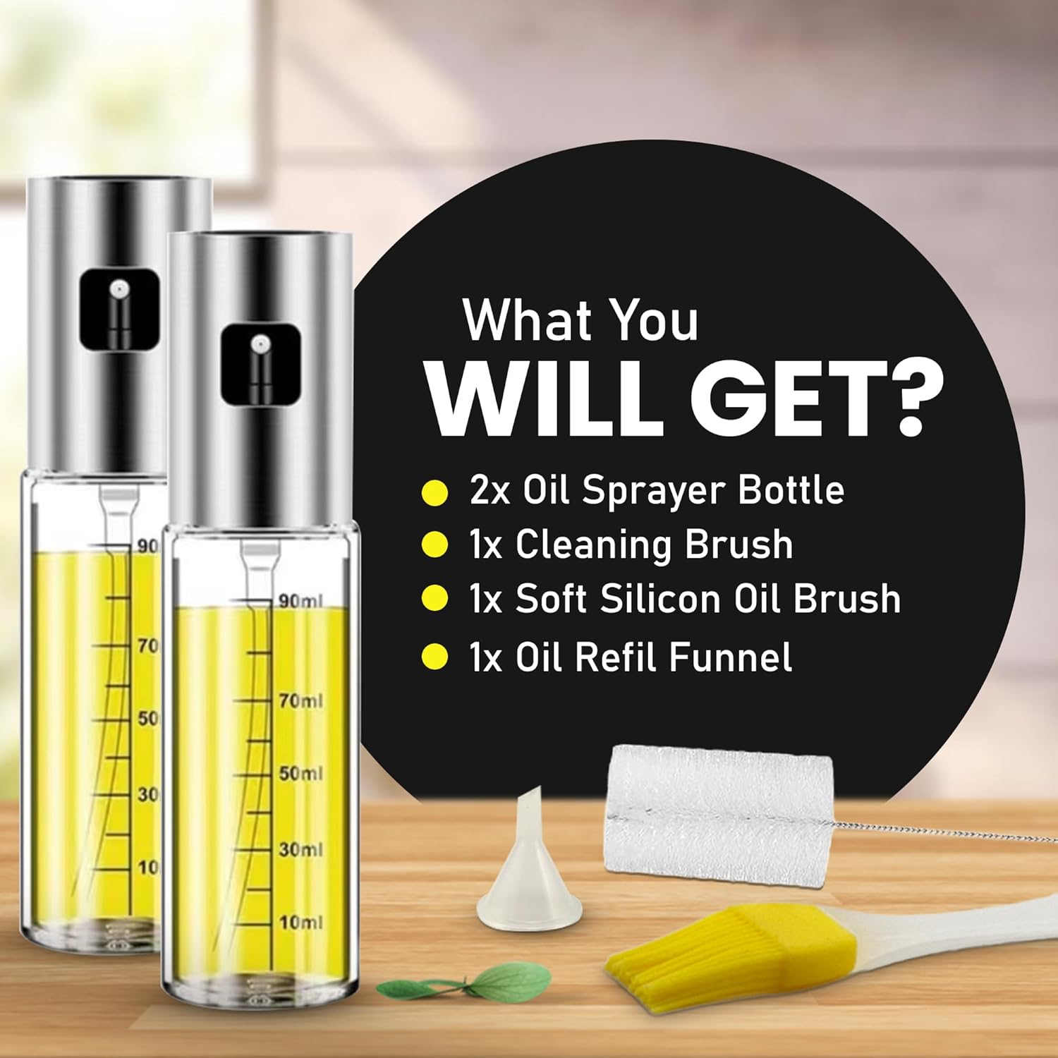 Oil Sprayer for Cooking - 2 x 100ml Sprayers, Clear Transparent Glass Bottles, Food Grade, Refillable, Multi Purpose Oil Mister with Non Slip Cap, Oil Funnel & Silicone Brush