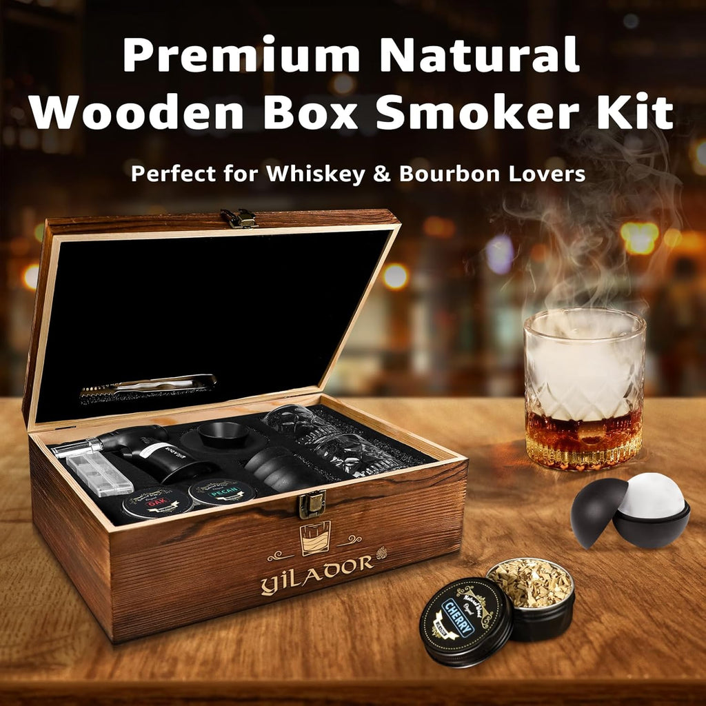 Electric Whiskey Smoker Kit with Torch, Premium Wooden Box, 4 Wood Chips, Ice Molds, Recipes, Cocktail Smoker Kit for Bourbon & Old Fashioned, Ideal Gift for Dad, Husband and Men (No Butane)