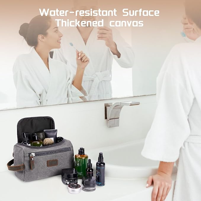 Men's Canvas Toiletry Bag, Large Capacity Men's Travel Portable Toiletry Bag, Organizer Dopp Kit Leather Accessory, Water-resistant Shaving Pouch, Birthday/Anniversary/Groomsmen Gifts for Him- Grey