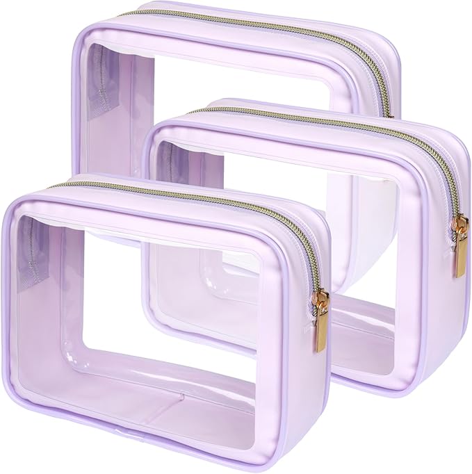 PACKISM TSA Approved Toiletry Bag - Amazing Color-Edged Clear Makeup Bag, 3 Pack in Spacious Space, Reusable Clear Toiletry Bags with Great Value, Purple