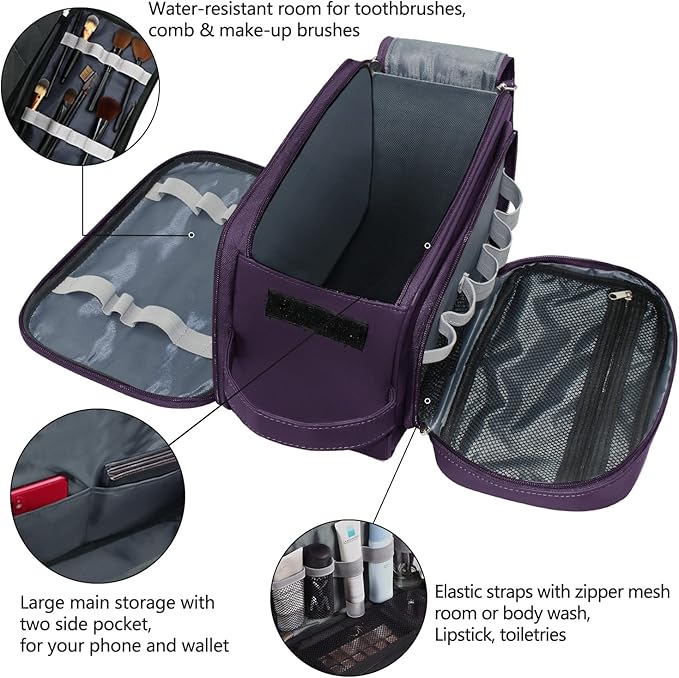 Buruis Extra Large Toiletry Bag for Men & Women, Travel Toiletry Organizer Dopp Kit Water-resistant Shaving Bags, PU Leather Cosmetic Bathroom Shower Bag for Toiletries, Accessories (Purple)