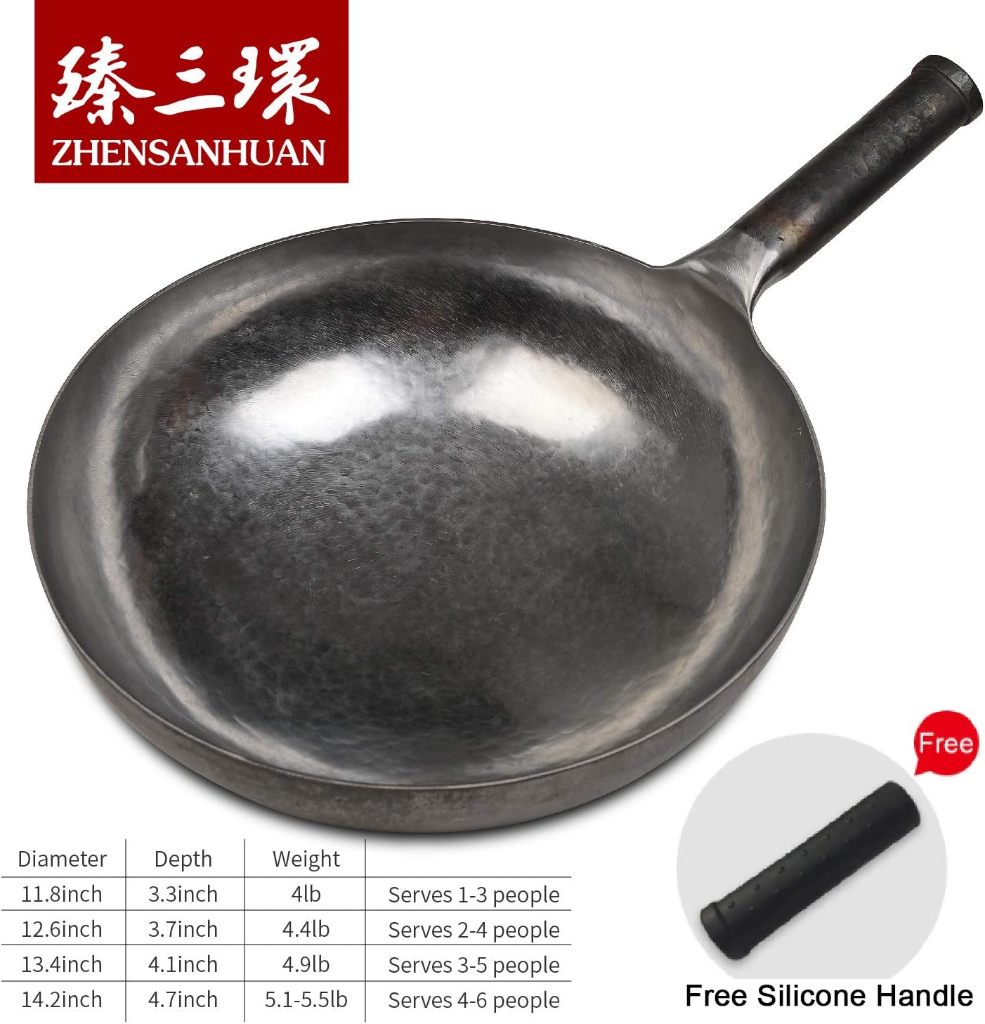 臻三环 ZhenSanHuan Chinese Hand Hammered Iron Woks and Stir Fry Pans, Non-stick, No Coating, Carbon Steel Pow (32CM, Silver - Not Seasoned)