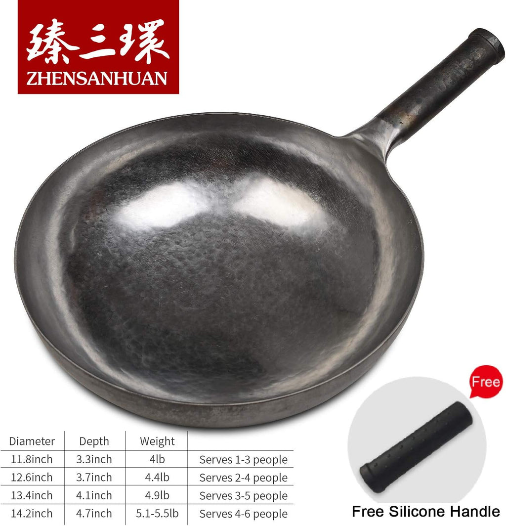 臻三环 ZhenSanHuan Chinese Hand Hammered Iron Woks and Stir Fry Pans, Non-stick, No Coating, Carbon Steel Pow (36CM, Silver - Not Seasoned)