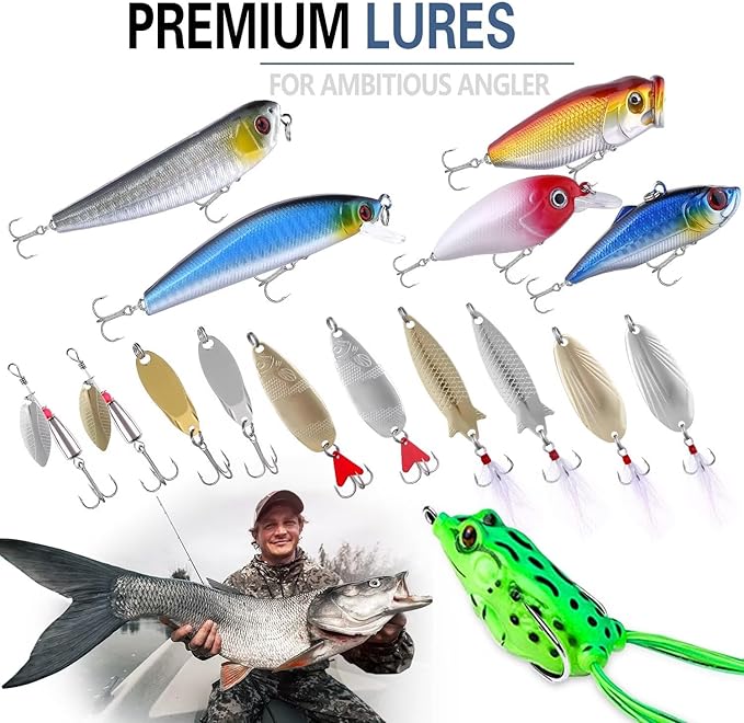 PLUSINNO Fishing Lures Baits Tackle Including Crankbaits, Spinnerbaits, Plastic Worms, Jigs, Topwater Lures, Tackle Box and More Fishing Gear Lures Kit Set, 102/302Pcs Fishing Lure Tackle