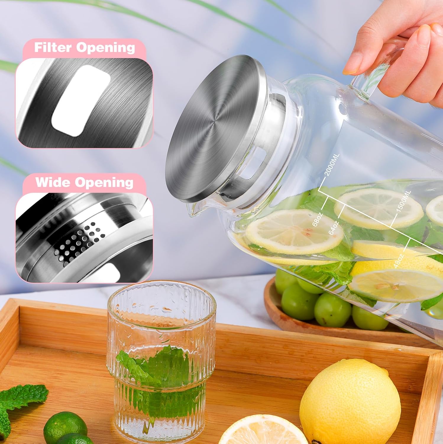 Aofmee 68oz Glass Pitcher with Lid, 2 Liter Water Carafe with Silicone Base and Precise Scale Line, Ice Tea Pitcher for Fridge, Anti-Slip Glass Jug for Sun Tea Juice Coffee Milk Beverage (Pink)