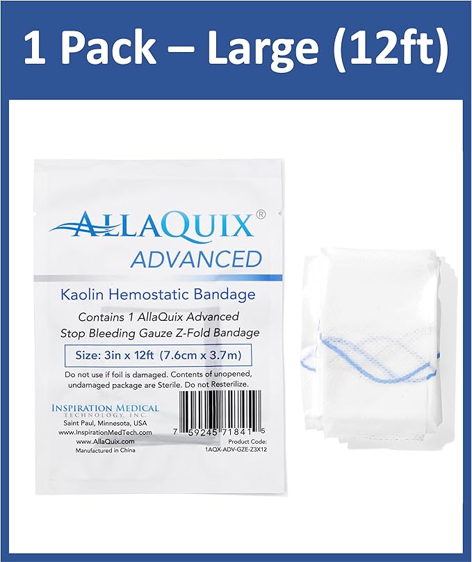 Advanced Kaolin Hemostatic Bandage – Sterile Z-Fold Clotting Gauze (3 in. x 12 ft) | Stops Bleeding Fast for Emergency, Trauma, First Aid, and Survival Kits (1-Pack)