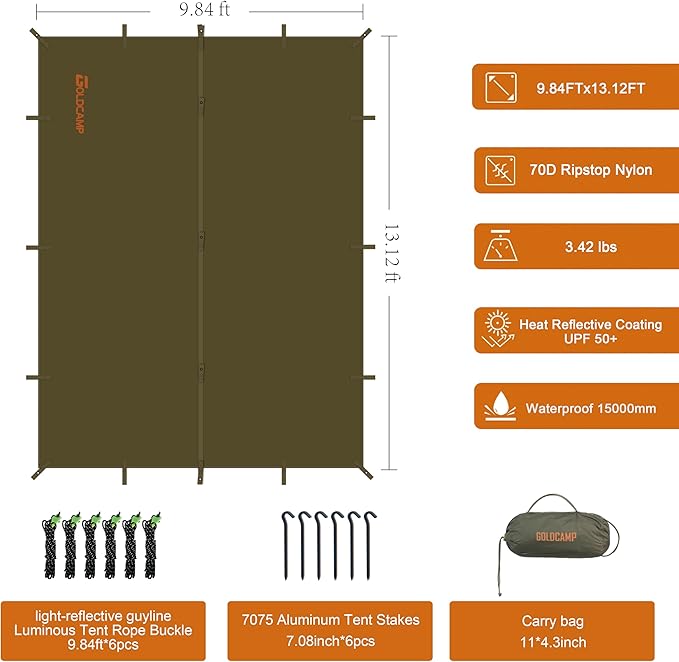 GOLDCAMP Bushcraft Emergency Camping Tarp，70D Nylon 10X13.2FT Hammock Rain Fly ，UV 50+ and PU15000mm Tent Tarp Shelter Canopy，Heavy Duty Multifunctional Sun Shade Essentials for Hiking (10X13.2ft)