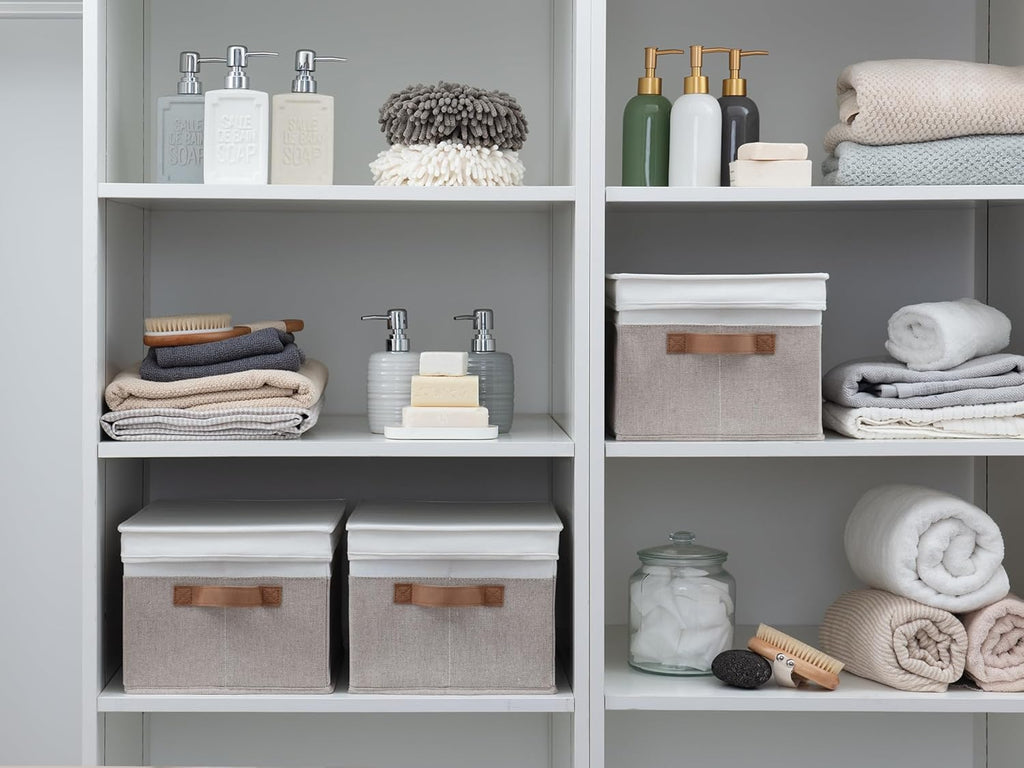 StorageWorks Large Storage Bins with Lids, Decorative Storage Boxes with Lid and PU Handles, Foldable Storage Baskets for Closet, Shelves, Stackable, Brown and White, 3-Pack