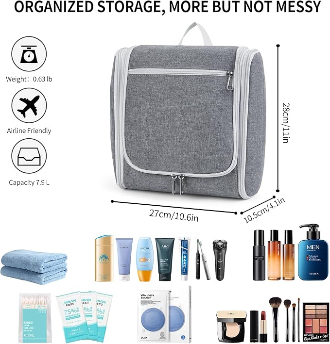 Della Gao Travel Hanging Toiletry Bag for Men and Women, Large Capacity Cosmetics Bag Makeup Bag Organizer, Bathroom Bag, Water-Resistant Nylon, Grey