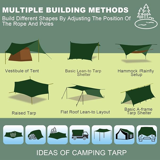 Camping Tarp, 14 X 12FT Tarp with 2 Poles, Waterproof & Lightweight Tent Tarp Car Awning, UV UPF50+ Rain Fly Sun Shelter Can Used with Hammock in Outdoor, Garden and Backpacking
