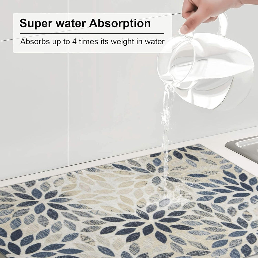 Dahlia Dish Drying Mat 18x24 for Kitchen Counter, Blue Floral Decorative Absorbent Coffee Mat Dish Drying Pad Coffee Bar Dish Drainer Rack Mat Drainer Mat