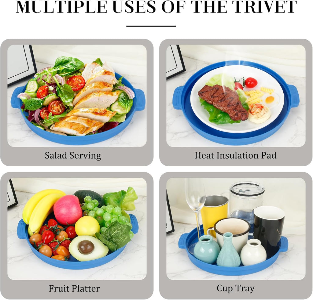 10.7 Inch Microwave Food Cover with Heat Insulation Mat, Anti-Scald Collapsible Microwave Splatter Cover, Multi-Functional as Colander & Fruit Plate, Dishwasher Safe, Ideal for Meal Prep (Dark Blue)