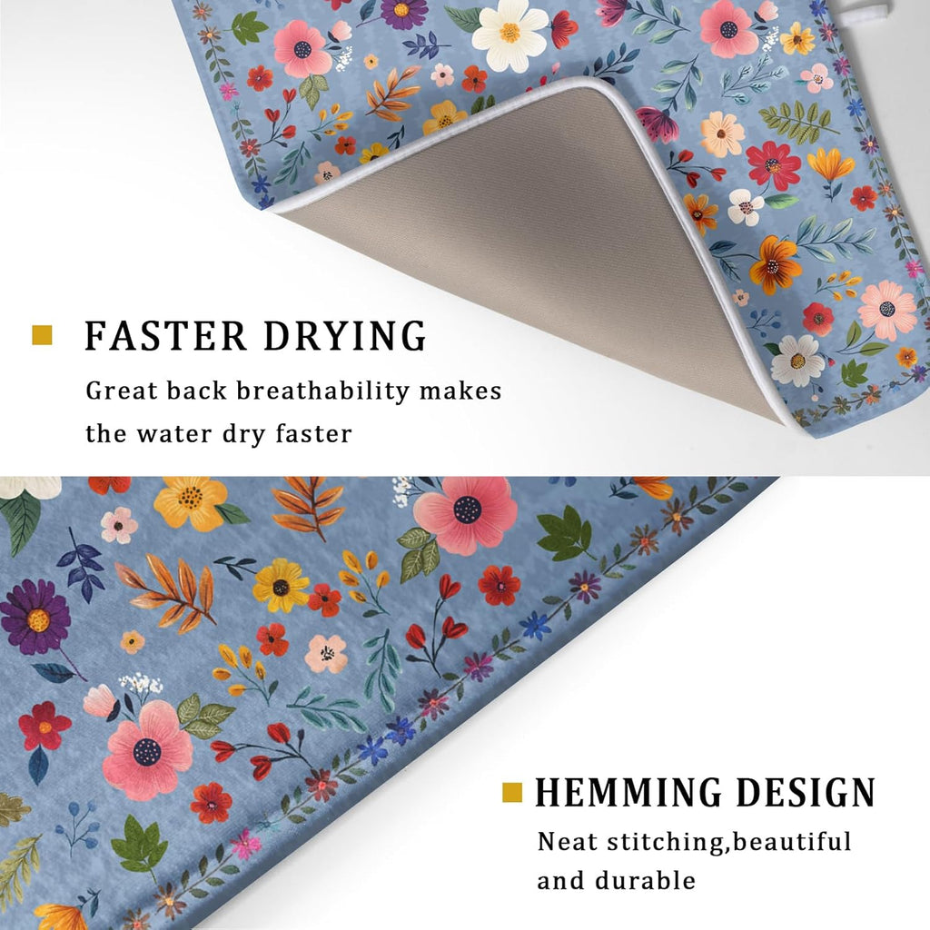 Colorful Flower Dish Drying Mat - Blue Large Floral Coffee Mat for Kitchen Counter Decor 18 X 24