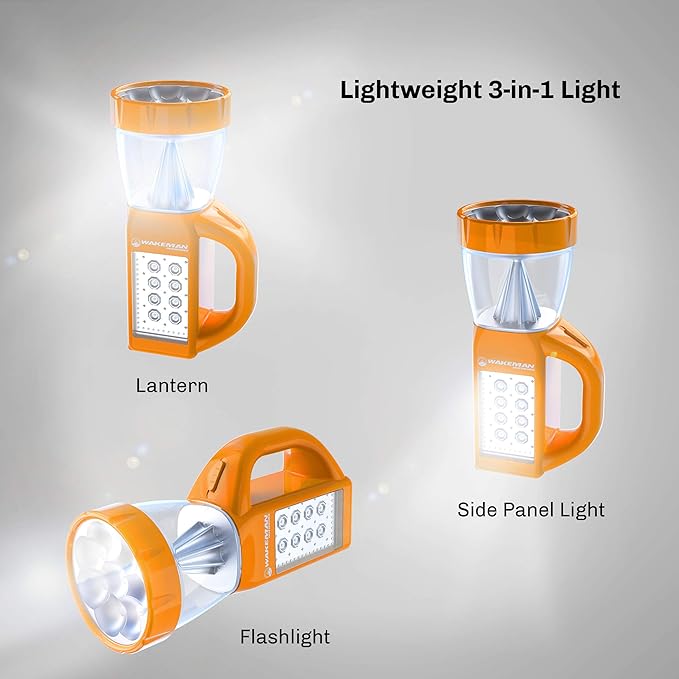 Wakeman LED Lantern Flashlight Combo - Portable 3-in-1 Lightweight Lamp with Side Panel Light for Camping, Hiking & Emergencies Outdoors (Orange)
