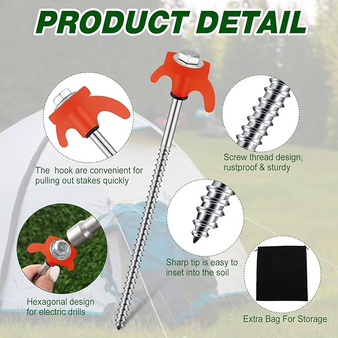 20 Pcs 8" Screw in Tent Stakes Heavy Duty Tent Stakes Drillable Ground Anchors Screw Metal Tent Pegs Threaded Tent Spikes with Head Driver for Swing Inflatable Decor (Orange)