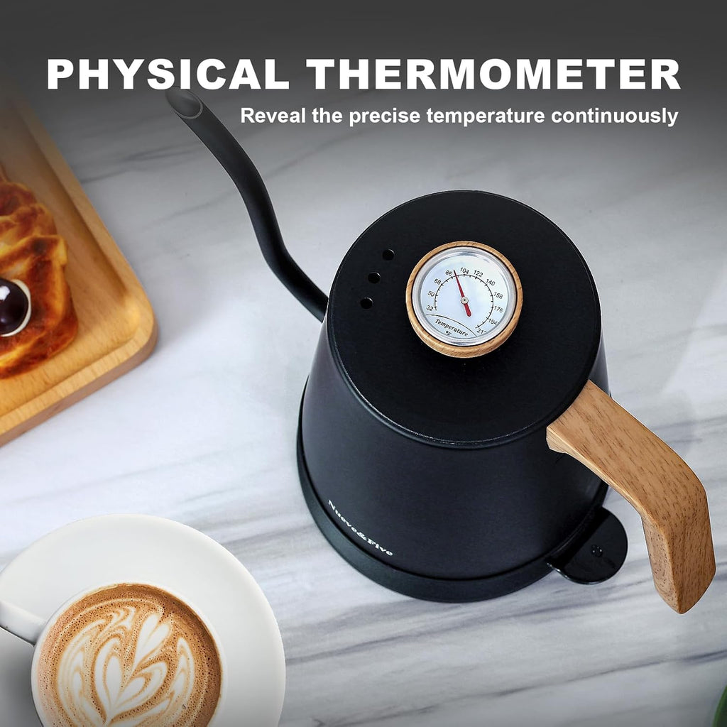 Nueve&Five Gooseneck Electric Kettle with Thermometer， Black Electric Kettle 1L with Auto Shut-Off，1000W Hot Water Kettle of Stainless Steel， Pour Over Kettle for Coffee & Tea