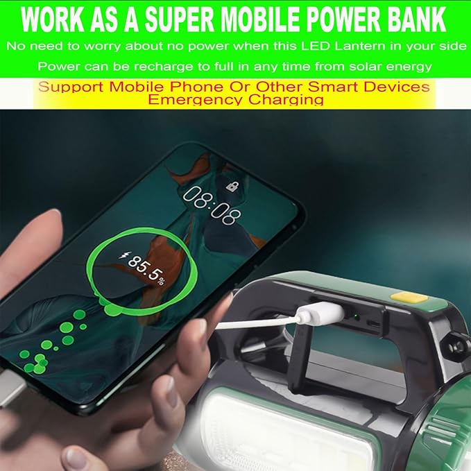 LED Searchlight Spotlights Lantern, Solar Rechargeable Super Bright 10000LM Handheld LED Flashlight, Multifunction Camping Lantern Work Light, 6 Light Modes, Waterproof, Power Bank
