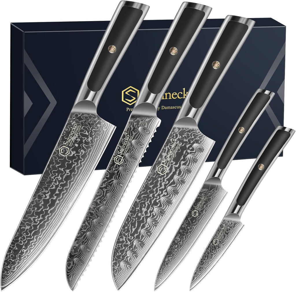 Sunnecko Damascus Kitchen Knife Set 5 Piece Chef Knife Set Professional, Sharp Kitchen Knives Set Full Tang, Gift Box