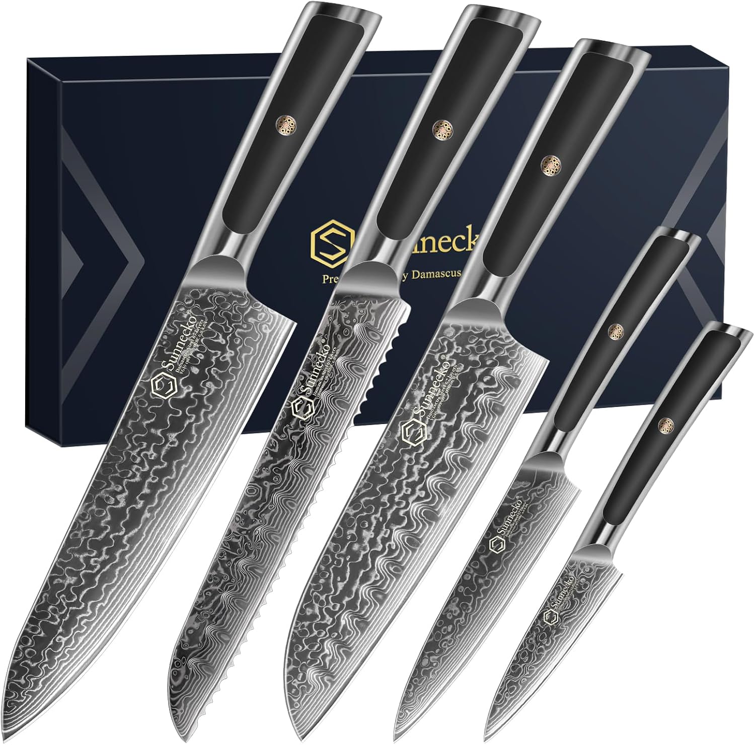 Sunnecko Damascus Kitchen Knife Set 5 Piece Chef Knife Set Professional, Sharp Kitchen Knives Set Full Tang, Gift Box