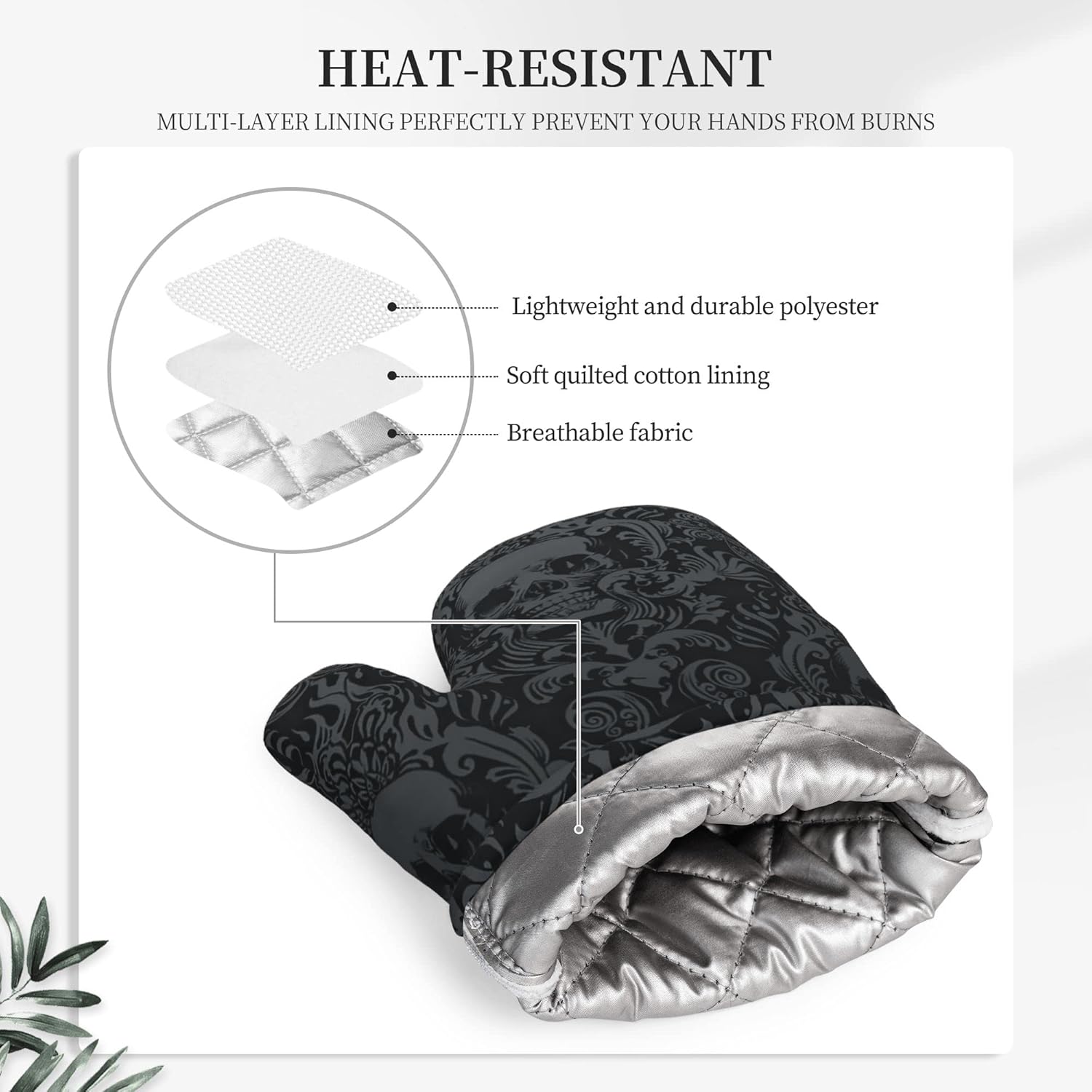 Gothic Skull Oven Mitts and Pot Holders Sets of 4,Resistant Hot Pads with Silicone Non-Slip BBQ Gloves for Kitchen,Cooking,Baking,Grilling