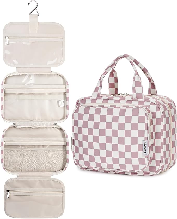 Narwey Hanging Toiletry Bag for Women Travel Makeup Bag Organizer Toiletries Bag for Travel Size Essentials Accessories Cosmetics (Dusty Rose Checkerboard (Medium))