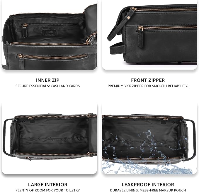 LEATHER VILLAGE Premium Leather Travel Toiletry Bag - Unisex Water-Resistant Travel Dopp Kit, Shaving & Cosmetic Organizer for Men & Women - Compact Bathroom Essentials - Distressed Black