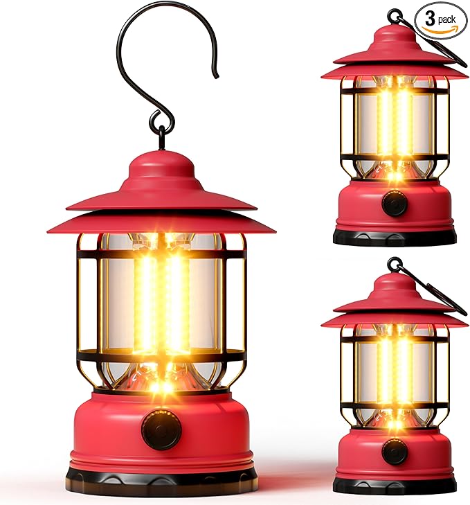 3 Pack Battery Powered LED Camping Lanterns, Red Battery Waterproof Camping Tent Lights with Stepless Dimming, Portable Outdoor Lamp for Camping, Hurricane, Garden, Yard, Hiking, Power Outage