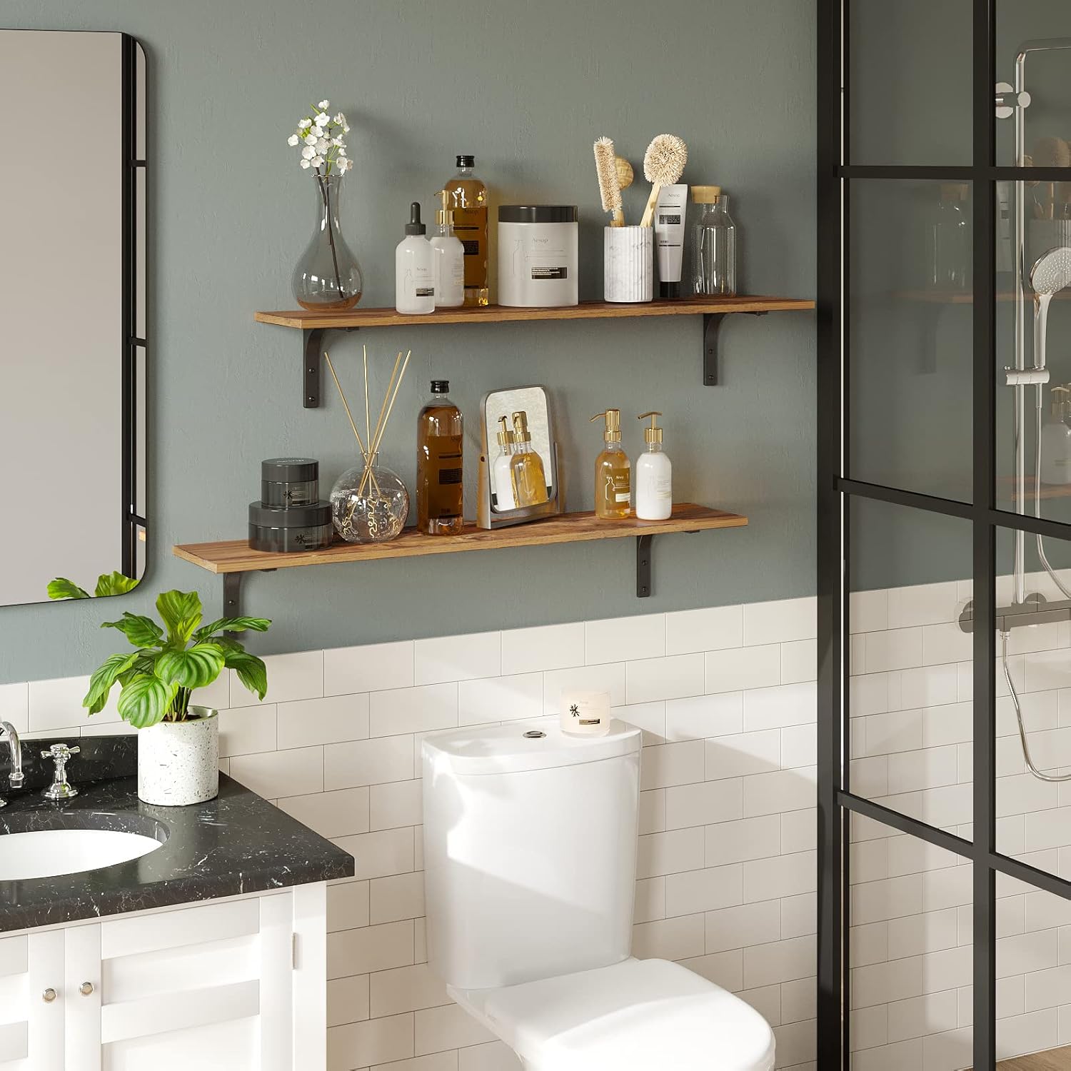 DINZI LVJ Long Wall Shelves, 39.4Inch Wall Mounted Shelves Set of 4, Extra Large Floating Storage Ledges with Sturdy Metal Brackets for Living Room, Bathroom, Bedroom, Kitchen, Rustic Brown