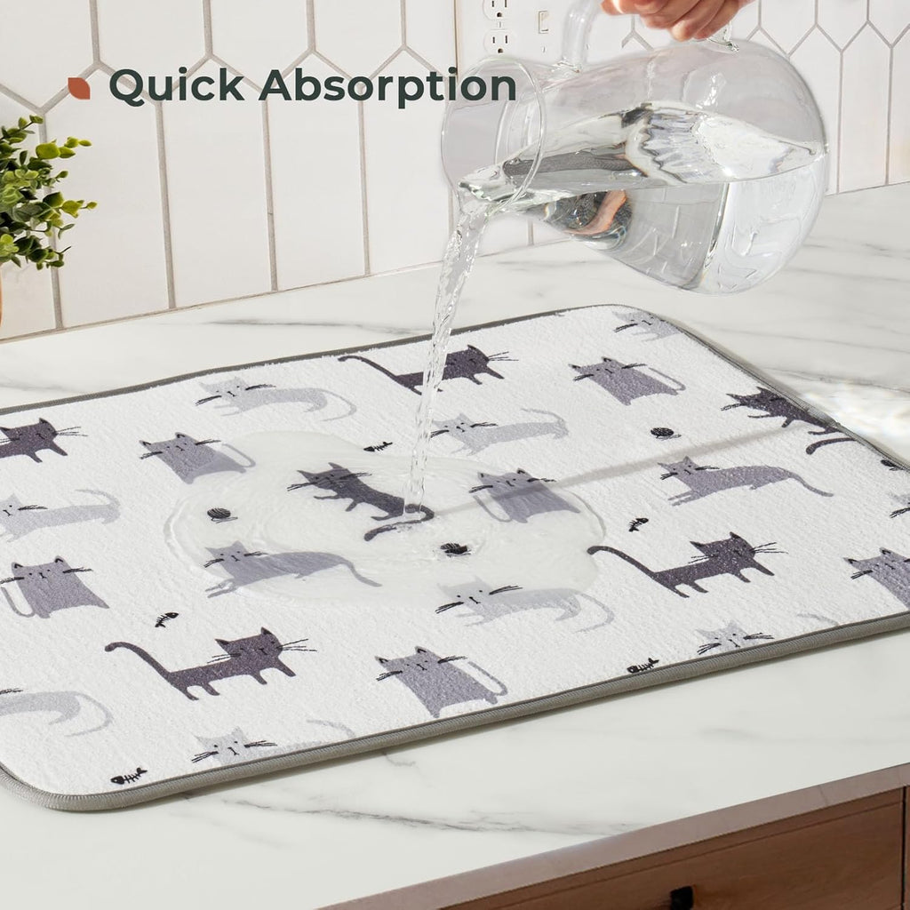 FRESHMINT Printed Dish Drying Mat Set for Kitchen Counter Absorbent Reversible Drying Mats Microfiber Kitchen Countertop Protector Dishes Pad 2 Pack Large Dish Drainer Rack Mat, 18" x 16"