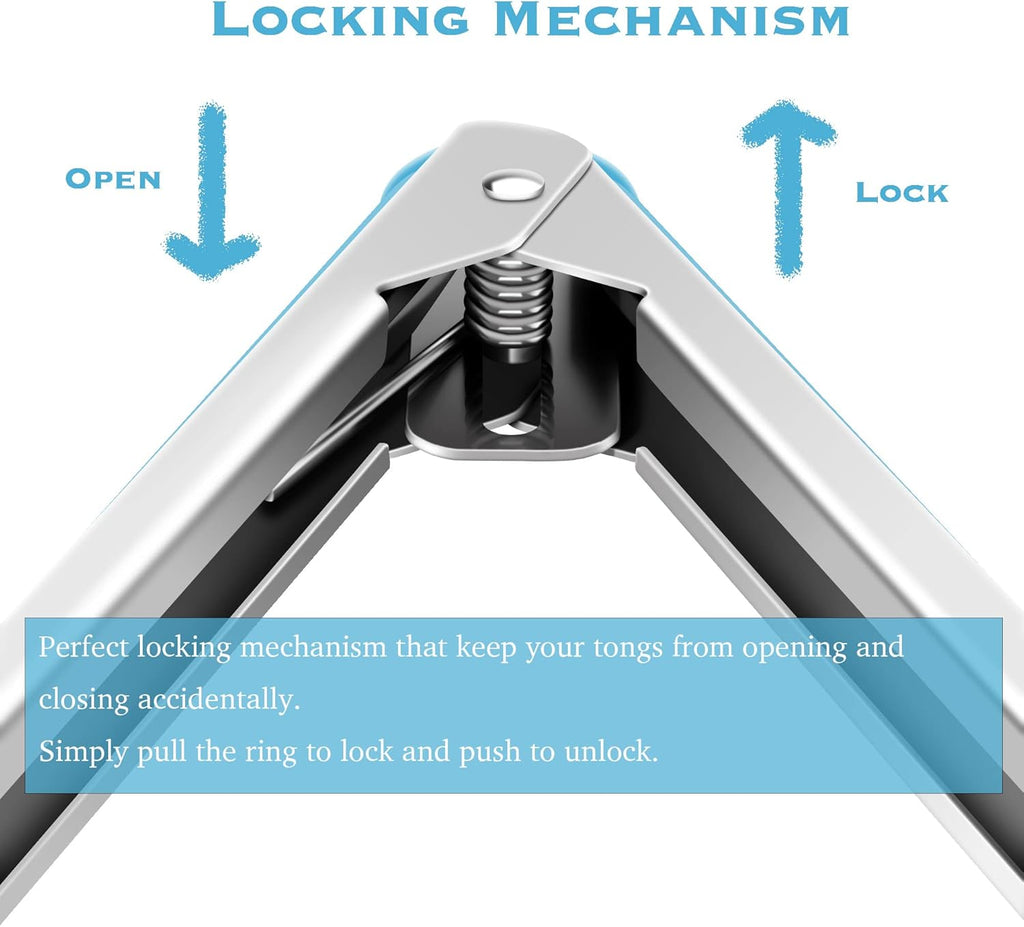 Set of 2 Kitchen Tongs, Premium Stainless Steel Locking 9-Inch & 12-Inch Silicone Grilling Barbeque Cooking Food Tong, Blue