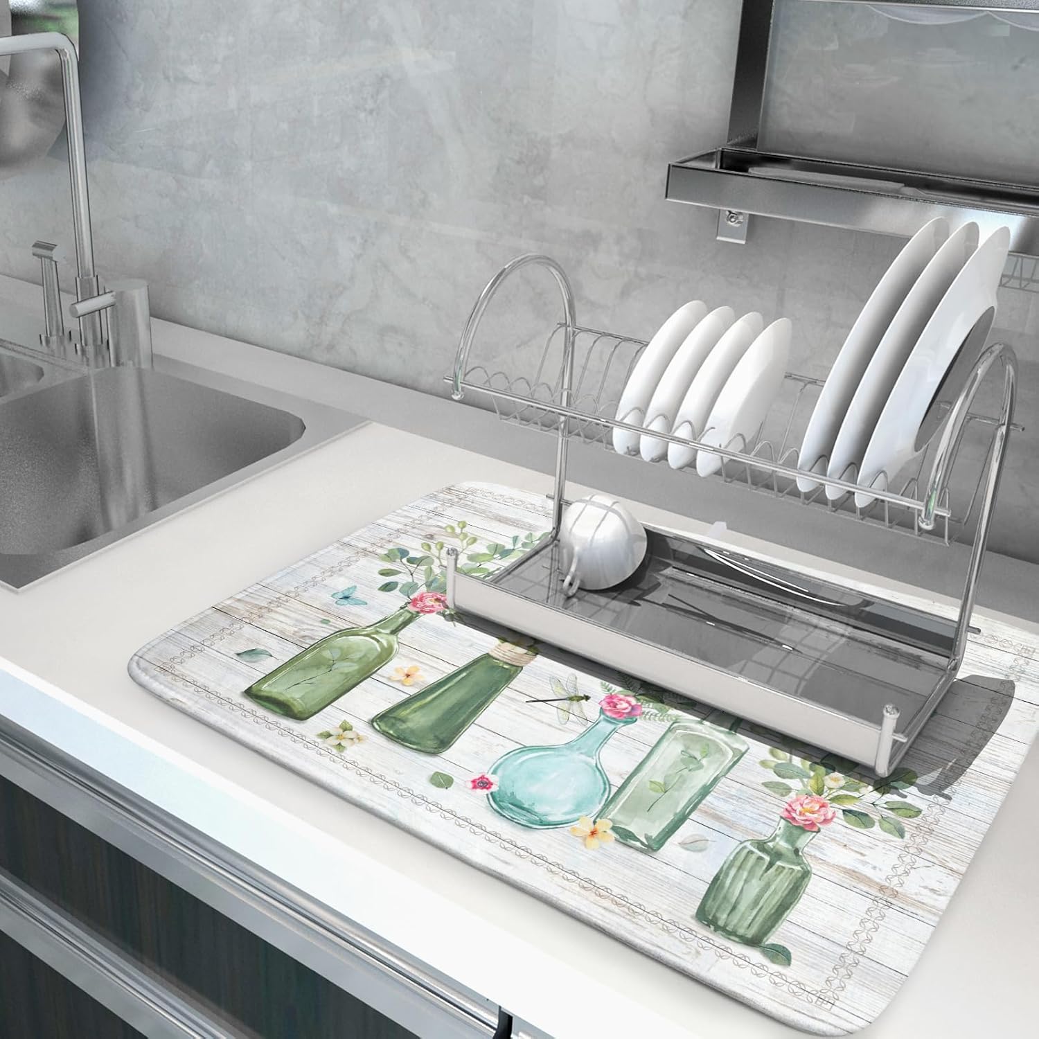 Fern Leaf Vase Dish Drying Mat 18x24 Inch Eucalyptus Leaves Microfiber Absorbent Dish Drainer Mat Reversible Drying Pad for Kitchen Counter Sink