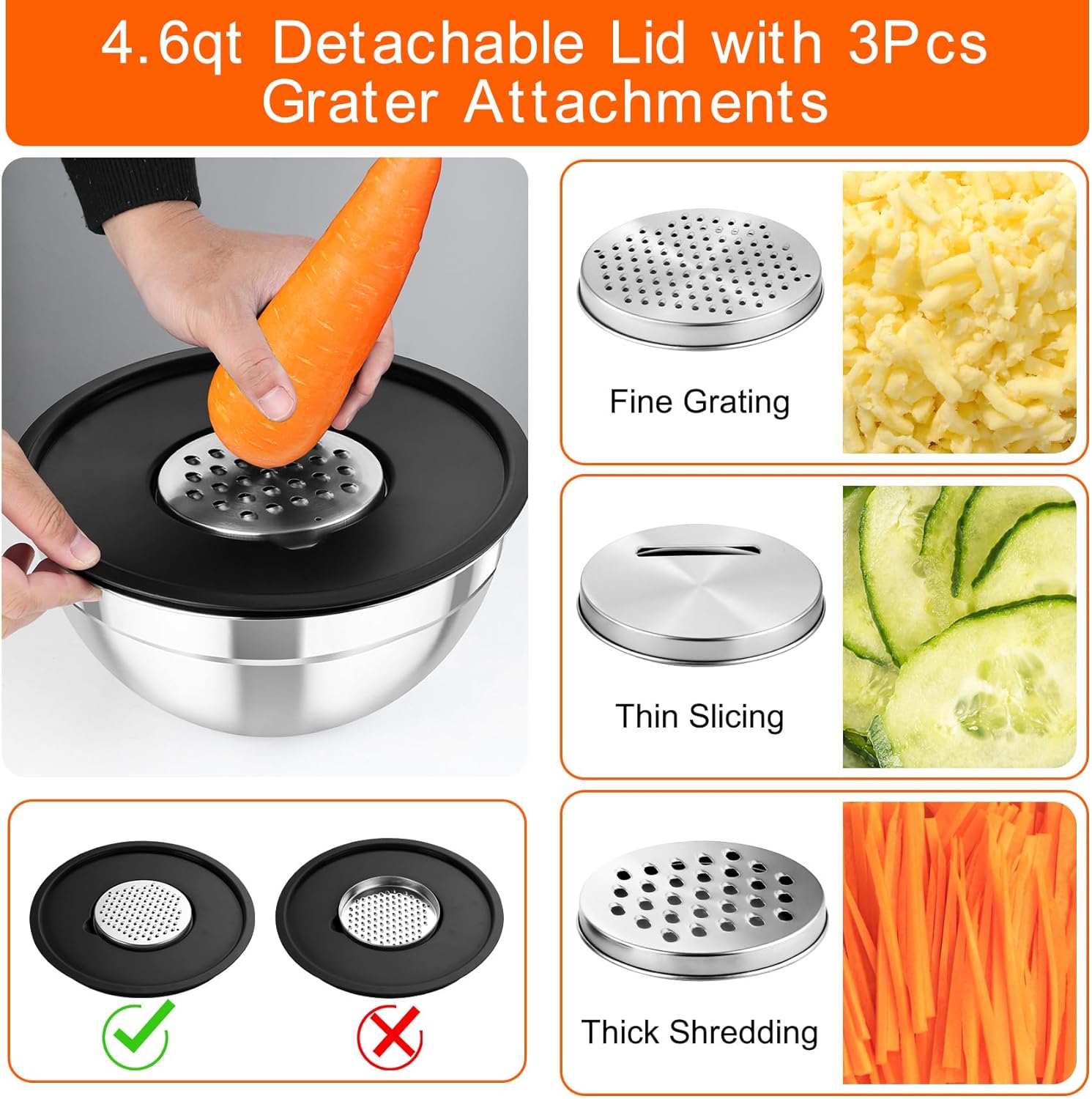 TeamFar Mixing Bowls with Airtight Lids, 5PCS Stainless Steel Metal Salad Bowl with 3 Grater Attachments, for Cooking, Prepping, Serving, Healthy & Easy Clean - 0.7/1/1.5/2.6/4.6QT, Black