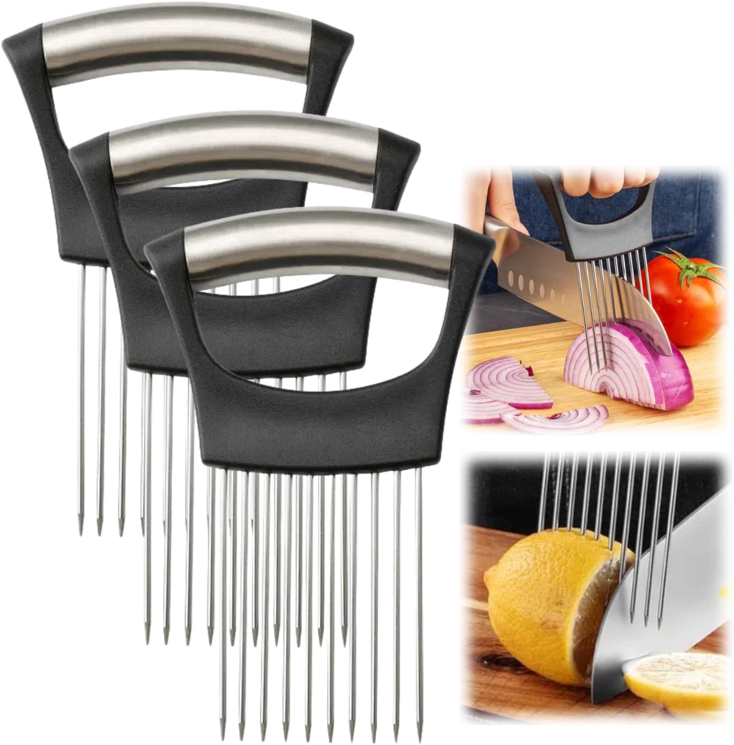 Onion Slice Holder, 2024 New Stainless Steel Holder for Slicing, Chopper Assistant Tool, Cutter for Meat, Onion, Potato, Tomato - Kitchen Gadgets (Black, 3 Pack)