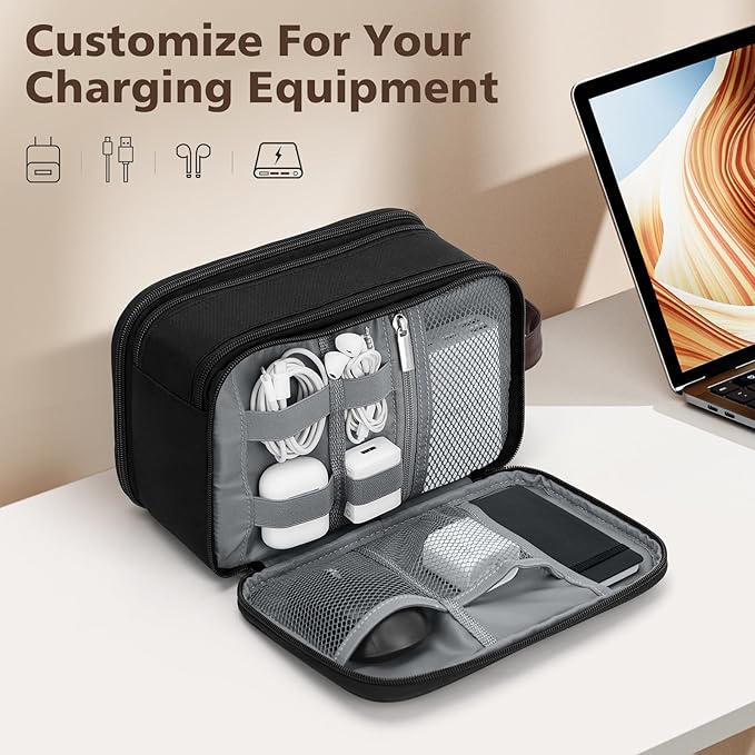 Wedama Toiletry Bag for Men, Medium Hanging Travel Toiletry Bag, Extra Electronic Organizer Bag Waterproof Travel Bag for Toiletries with PU Handle for Travel Business Trips Swim Camping, Black&Brown