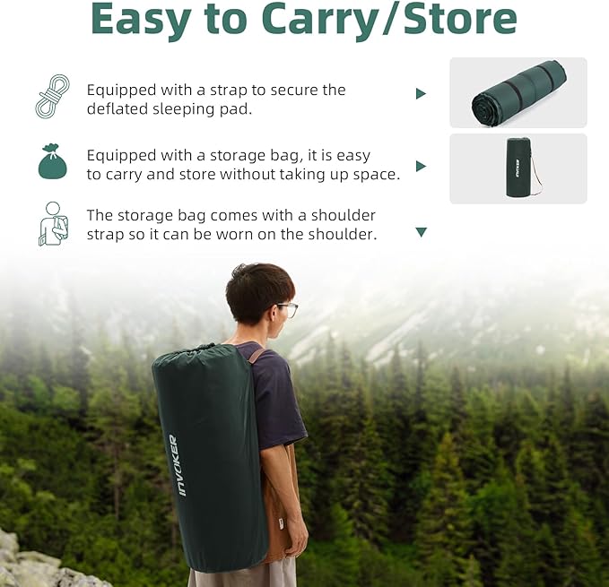 INVOKER 3.15" Self Inflating Camping Sleeping Pad, Ultra-Thick Elasticity Foam Fast Inflating 4-Season Insulated Durable Camping Mat Air Mattress with Pillow, for Tent, Car, Camping, Traveling, Green