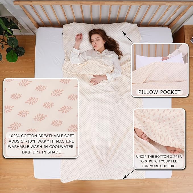 100% Cotton Sleeping Bag Liner with Full Length Zipper on 3 Sides; Single/Double Adult Sleep Sack for Travel & Camping, Multifunctional Travel Sheets (Unzipped 87”x87”) for Hotel, Lightweight